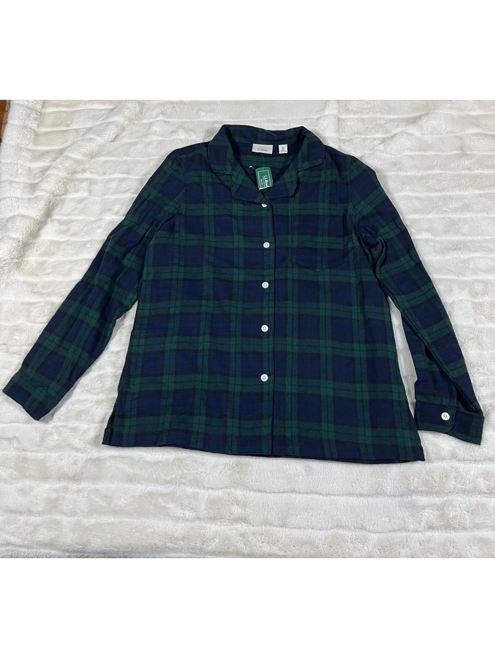 NWT L.L. Bean Black Watch XS Scotch Plaid Flannel Button Green Blue Fall PJ Top